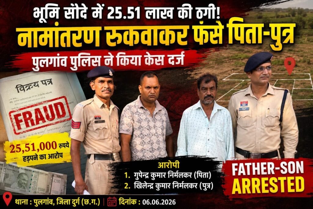 भूमि सौदे में 25.51 लाख की कथित ठगी, नामांतरण रुकवाकर फंसे पिता-पुत्र पर केस दुर्ग।