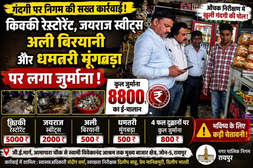 गंदगी पर निगम का बड़ा एक्शन, किक्की रेस्टोरेंट समेत 8 दुकानों पर 8800 रुपये का जुर्माना